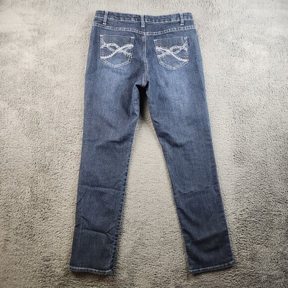 Women's Slim Fit Mid Rise Straight Tapered Leg Blue Jeans Size 12 Stretch Ankle - Picture 2 of 11